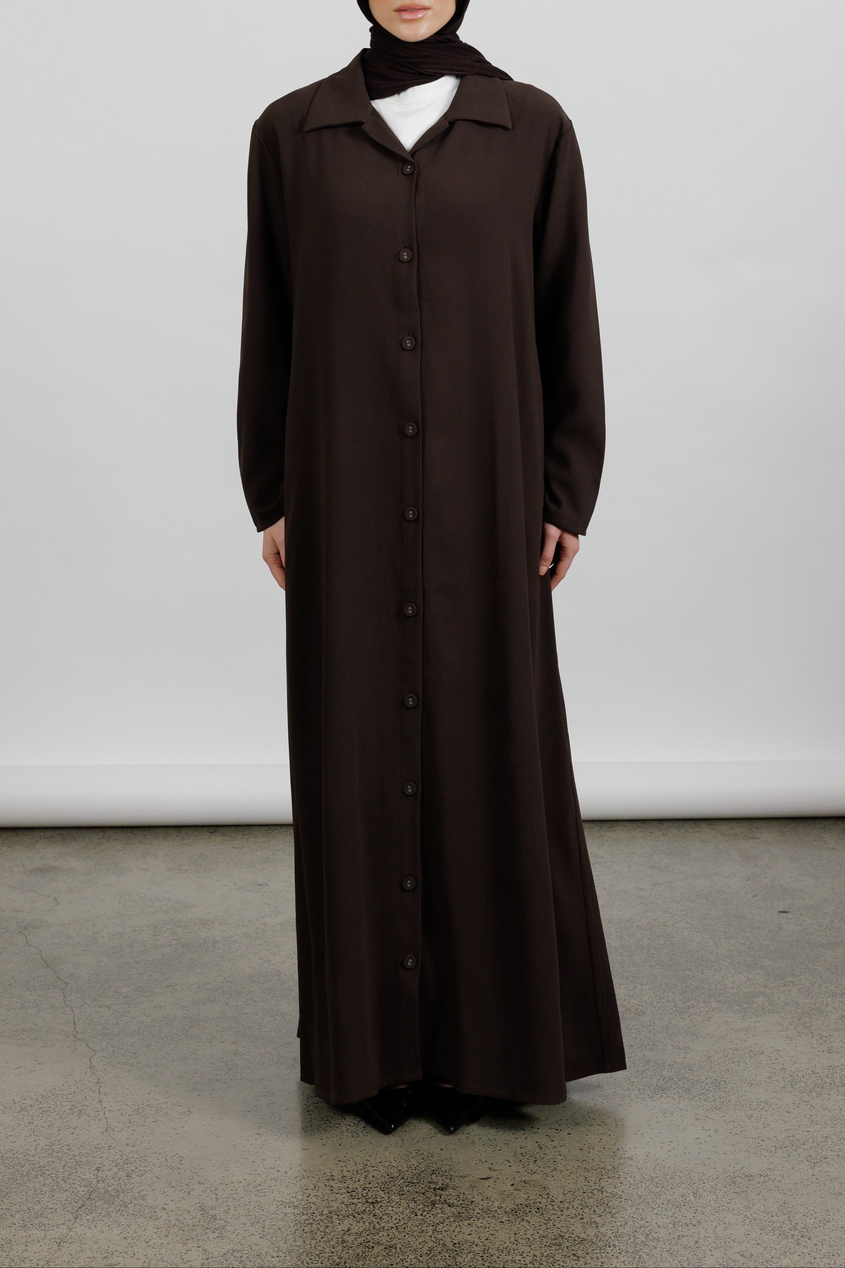 Collared Button Abaya - Espresso